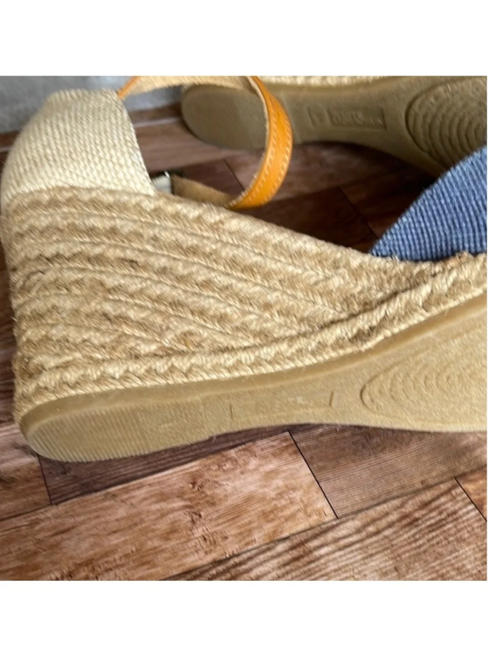 White Mountain Blue Canvas Espadrille Wedge Sandals with Tan Ankle Straps